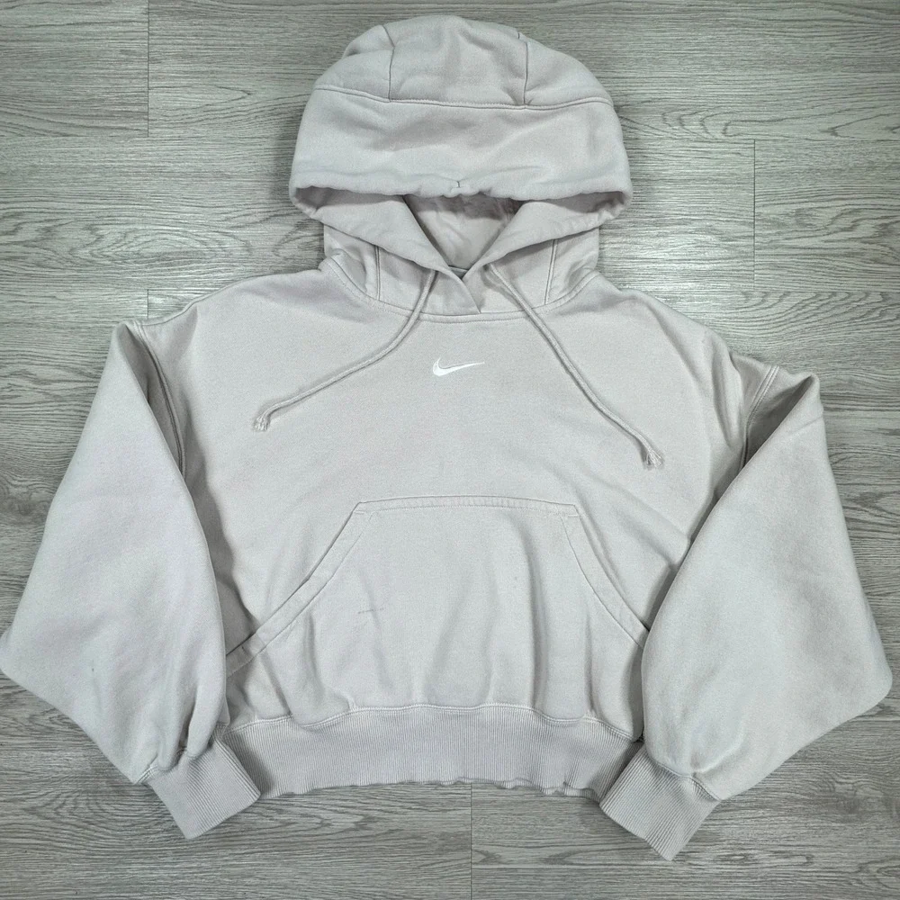 Nike Women's Hoodie Phoenix Fleece Oversized Cropped Tan Pink XXS Sportwear Y2K